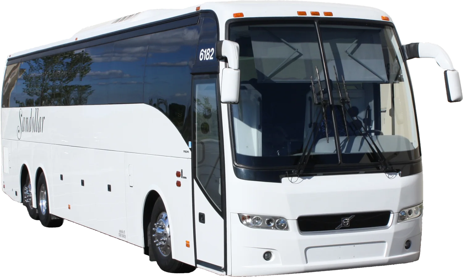 White Sandollar full-size motorcoach number 6182 with the company script on its side